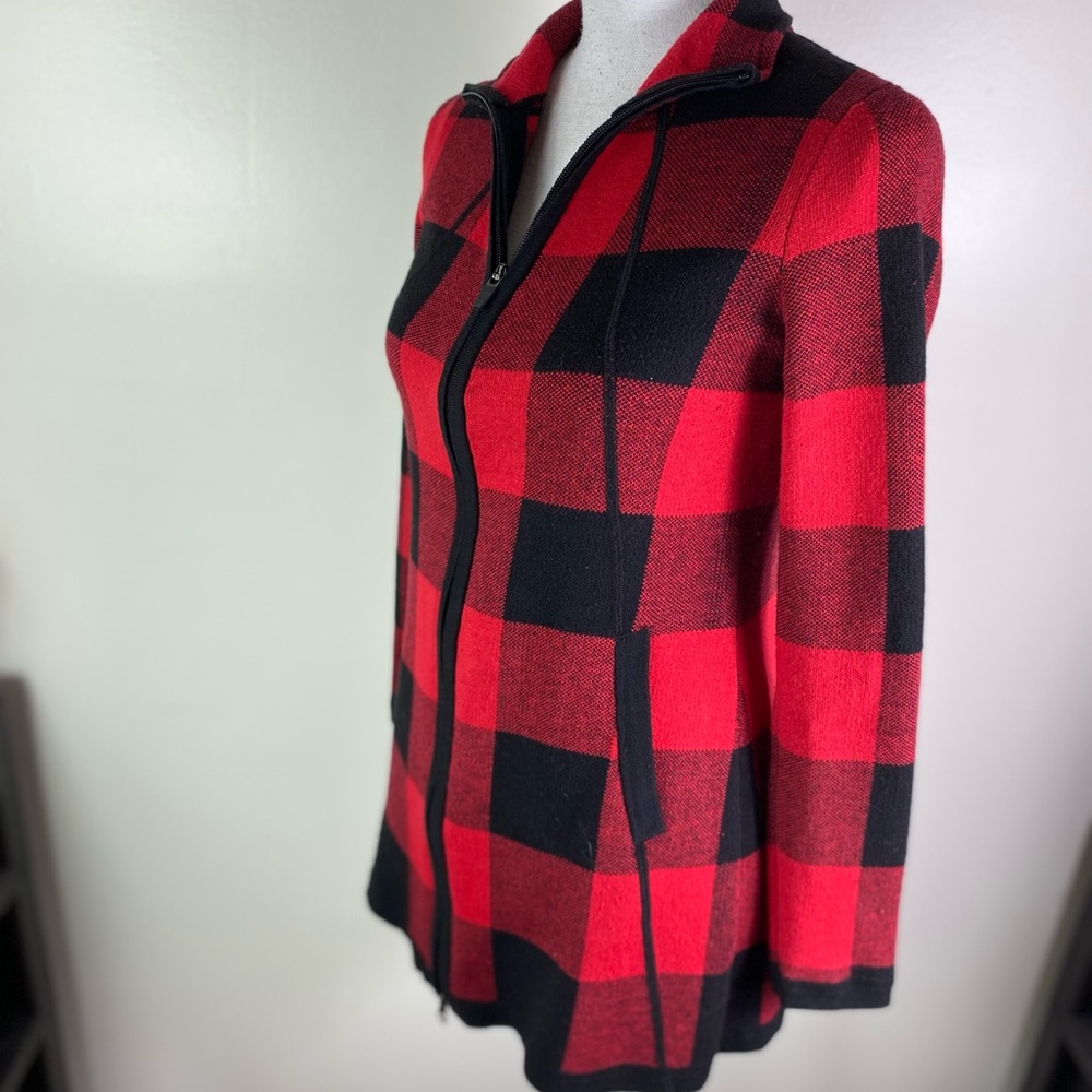 Adrienne Vittadini women XS buffalo plaid fitted zip sweater pockets red/black - Picture 6 of 8